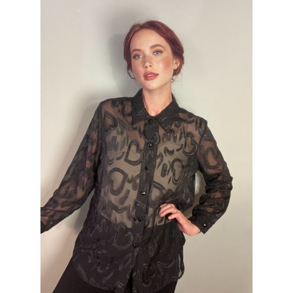 Vintage Heart Print Expose Sheer Blouse 90s Y2K Black Squiggle ~ Sz M - Picture 2 of 11